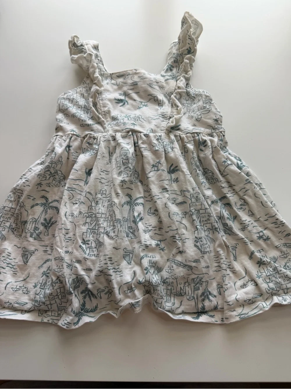Cream Ruffled Sundress with Teal Scenic Print for Girls